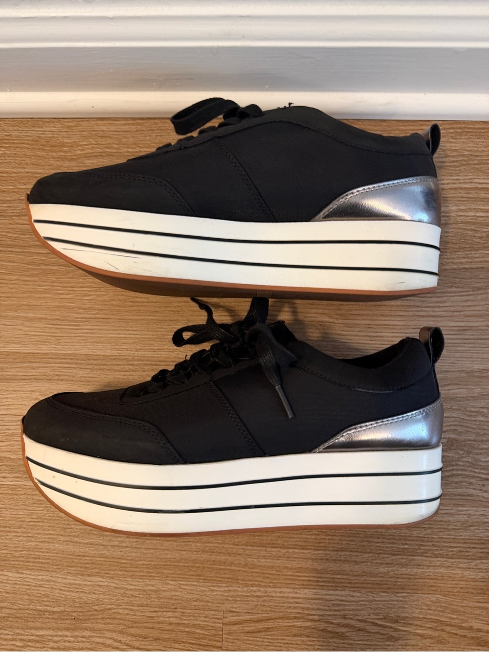 Zara  Black Platform Lace-Up Sneakers with Silver Accent